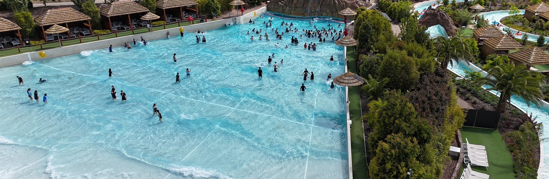 Aerial view of the wave pool in operation at Funfields Theme Park